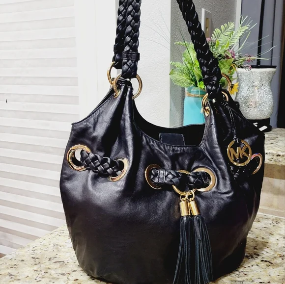 Michael Kors Black Leather Tote Bag Large With Braided Handles - Picture 2 of 14